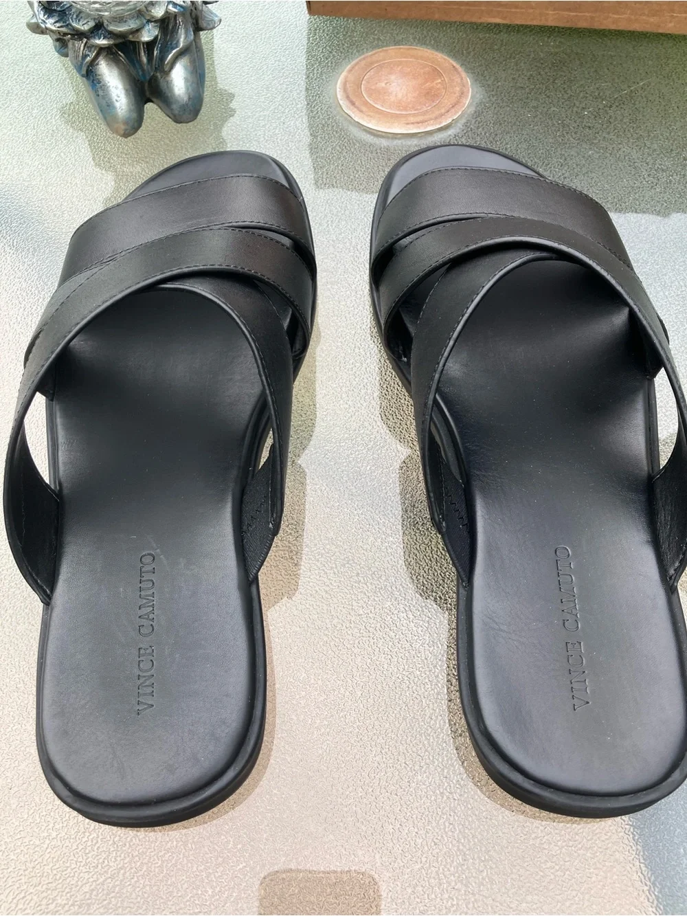 Vince Camuto Black Leather Cross-Strap Men's Slide Sandals